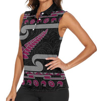 New Zealand Christmas Women Sleeveless Polo Shirt Meri Kirihimete Silver Fern Knit Style Pink Color LT03 - Polynesian Pride