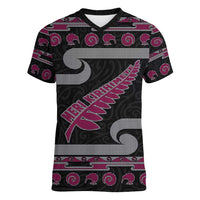 New Zealand Christmas Women V-Neck T-Shirt Meri Kirihimete Silver Fern Knit Style Pink Color LT03 Female Pink - Polynesian Pride