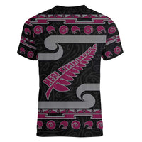 New Zealand Christmas Women V-Neck T-Shirt Meri Kirihimete Silver Fern Knit Style Pink Color LT03 - Polynesian Pride