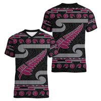 New Zealand Christmas Women V-Neck T-Shirt Meri Kirihimete Silver Fern Knit Style Pink Color LT03 - Polynesian Pride