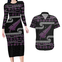 New Zealand Christmas Couples Matching Long Sleeve Bodycon Dress and Hawaiian Shirt Meri Kirihimete Silver Fern Knit Style Purple Color LT03 Purple - Polynesian Pride