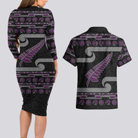 New Zealand Christmas Couples Matching Long Sleeve Bodycon Dress and Hawaiian Shirt Meri Kirihimete Silver Fern Knit Style Purple Color LT03 - Polynesian Pride