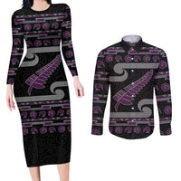 New Zealand Christmas Couples Matching Long Sleeve Bodycon Dress and Long Sleeve Button Shirt Meri Kirihimete Silver Fern Knit Style Purple Color LT03 Purple - Polynesian Pride
