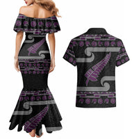 New Zealand Christmas Couples Matching Mermaid Dress and Hawaiian Shirt Meri Kirihimete Silver Fern Knit Style Purple Color LT03 - Polynesian Pride
