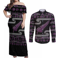 New Zealand Christmas Couples Matching Off Shoulder Maxi Dress and Long Sleeve Button Shirt Meri Kirihimete Silver Fern Knit Style Purple Color LT03 Purple - Polynesian Pride
