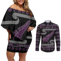 New Zealand Christmas Couples Matching Off Shoulder Short Dress and Long Sleeve Button Shirt Meri Kirihimete Silver Fern Knit Style Purple Color LT03 Purple - Polynesian Pride