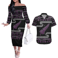 New Zealand Christmas Couples Matching Off The Shoulder Long Sleeve Dress and Hawaiian Shirt Meri Kirihimete Silver Fern Knit Style Purple Color LT03 Purple - Polynesian Pride