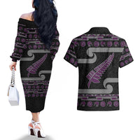 New Zealand Christmas Couples Matching Off The Shoulder Long Sleeve Dress and Hawaiian Shirt Meri Kirihimete Silver Fern Knit Style Purple Color LT03 - Polynesian Pride