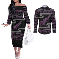 New Zealand Christmas Couples Matching Off The Shoulder Long Sleeve Dress and Long Sleeve Button Shirt Meri Kirihimete Silver Fern Knit Style Purple Color LT03 Purple - Polynesian Pride