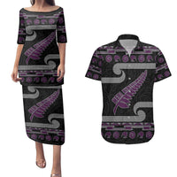 New Zealand Christmas Couples Matching Puletasi and Hawaiian Shirt Meri Kirihimete Silver Fern Knit Style Purple Color LT03 Purple - Polynesian Pride