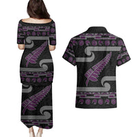 New Zealand Christmas Couples Matching Puletasi and Hawaiian Shirt Meri Kirihimete Silver Fern Knit Style Purple Color LT03 - Polynesian Pride