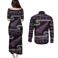 New Zealand Christmas Couples Matching Puletasi and Long Sleeve Button Shirt Meri Kirihimete Silver Fern Knit Style Purple Color LT03 - Polynesian Pride