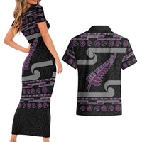 New Zealand Christmas Couples Matching Short Sleeve Bodycon Dress and Hawaiian Shirt Meri Kirihimete Silver Fern Knit Style Purple Color LT03 - Polynesian Pride