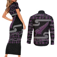 New Zealand Christmas Couples Matching Short Sleeve Bodycon Dress and Long Sleeve Button Shirt Meri Kirihimete Silver Fern Knit Style Purple Color LT03 - Polynesian Pride