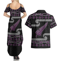 New Zealand Christmas Couples Matching Summer Maxi Dress and Hawaiian Shirt Meri Kirihimete Silver Fern Knit Style Purple Color LT03 - Polynesian Pride