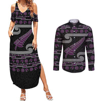 New Zealand Christmas Couples Matching Summer Maxi Dress and Long Sleeve Button Shirt Meri Kirihimete Silver Fern Knit Style Purple Color LT03 Purple - Polynesian Pride