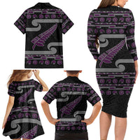 New Zealand Christmas Family Matching Long Sleeve Bodycon Dress and Hawaiian Shirt Meri Kirihimete Silver Fern Knit Style Purple Color LT03 - Polynesian Pride