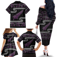 New Zealand Christmas Family Matching Off The Shoulder Long Sleeve Dress and Hawaiian Shirt Meri Kirihimete Silver Fern Knit Style Purple Color LT03 - Polynesian Pride