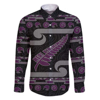 New Zealand Christmas Family Matching Off The Shoulder Long Sleeve Dress and Hawaiian Shirt Meri Kirihimete Silver Fern Knit Style Purple Color LT03 Dad's Shirt - Long Sleeve Purple - Polynesian Pride