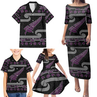 New Zealand Christmas Family Matching Puletasi and Hawaiian Shirt Meri Kirihimete Silver Fern Knit Style Purple Color LT03 - Polynesian Pride
