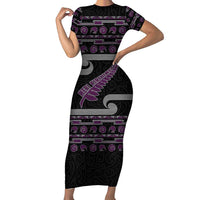 New Zealand Christmas Family Matching Short Sleeve Bodycon Dress and Hawaiian Shirt Meri Kirihimete Silver Fern Knit Style Purple Color LT03 Mom's Dress Purple - Polynesian Pride