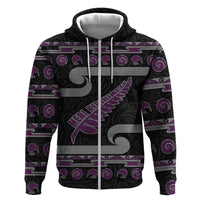 New Zealand Christmas Hoodie Meri Kirihimete Silver Fern Knit Style Purple Color LT03 Zip Hoodie Purple - Polynesian Pride