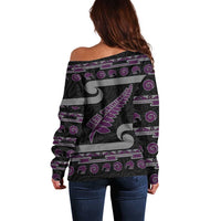 New Zealand Christmas Off Shoulder Sweater Meri Kirihimete Silver Fern Knit Style Purple Color LT03 - Polynesian Pride