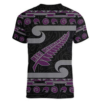 New Zealand Christmas Women V-Neck T-Shirt Meri Kirihimete Silver Fern Knit Style Purple Color LT03 - Polynesian Pride