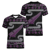 New Zealand Christmas Women V-Neck T-Shirt Meri Kirihimete Silver Fern Knit Style Purple Color LT03 - Polynesian Pride