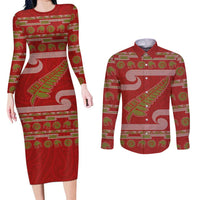 New Zealand Christmas Couples Matching Long Sleeve Bodycon Dress and Long Sleeve Button Shirt Meri Kirihimete Silver Fern Knit Style Green Color LT03 Green - Polynesian Pride