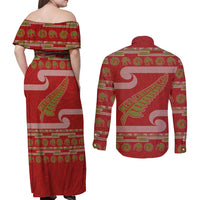 New Zealand Christmas Couples Matching Off Shoulder Maxi Dress and Long Sleeve Button Shirt Meri Kirihimete Silver Fern Knit Style Green Color LT03 - Polynesian Pride