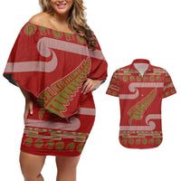 New Zealand Christmas Couples Matching Off Shoulder Short Dress and Hawaiian Shirt Meri Kirihimete Silver Fern Knit Style Green Color LT03 Green - Polynesian Pride
