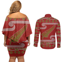 New Zealand Christmas Couples Matching Off Shoulder Short Dress and Long Sleeve Button Shirt Meri Kirihimete Silver Fern Knit Style Green Color LT03 - Polynesian Pride
