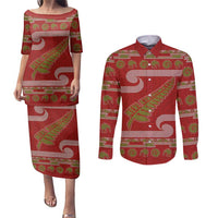 New Zealand Christmas Couples Matching Puletasi and Long Sleeve Button Shirt Meri Kirihimete Silver Fern Knit Style Green Color LT03 Green - Polynesian Pride