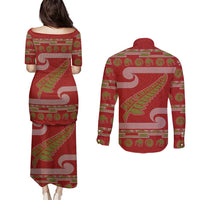 New Zealand Christmas Couples Matching Puletasi and Long Sleeve Button Shirt Meri Kirihimete Silver Fern Knit Style Green Color LT03 - Polynesian Pride
