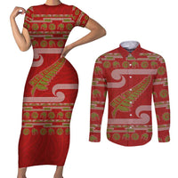 New Zealand Christmas Couples Matching Short Sleeve Bodycon Dress and Long Sleeve Button Shirt Meri Kirihimete Silver Fern Knit Style Green Color LT03 Green - Polynesian Pride