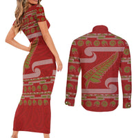 New Zealand Christmas Couples Matching Short Sleeve Bodycon Dress and Long Sleeve Button Shirt Meri Kirihimete Silver Fern Knit Style Green Color LT03 - Polynesian Pride