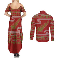 New Zealand Christmas Couples Matching Summer Maxi Dress and Long Sleeve Button Shirt Meri Kirihimete Silver Fern Knit Style Green Color LT03 - Polynesian Pride