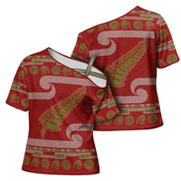 New Zealand Christmas Cross Shoulder Shirt Meri Kirihimete Silver Fern Knit Style Green Color LT03 - Polynesian Pride