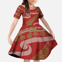 New Zealand Christmas Family Matching Long Sleeve Bodycon Dress and Hawaiian Shirt Meri Kirihimete Silver Fern Knit Style Green Color LT03 Daughter's Dress Green - Polynesian Pride