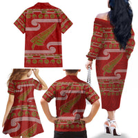 New Zealand Christmas Family Matching Off The Shoulder Long Sleeve Dress and Hawaiian Shirt Meri Kirihimete Silver Fern Knit Style Green Color LT03 - Polynesian Pride