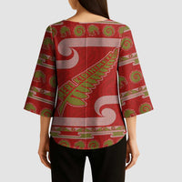New Zealand Christmas Kimono Sleeve Blouse Meri Kirihimete Silver Fern Knit Style Green Color LT03 - Polynesian Pride