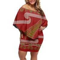 New Zealand Christmas Off Shoulder Short Dress Meri Kirihimete Silver Fern Knit Style Green Color LT03 Women Green - Polynesian Pride