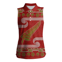 New Zealand Christmas Women Sleeveless Polo Shirt Meri Kirihimete Silver Fern Knit Style Green Color LT03 Female Green - Polynesian Pride