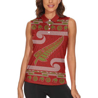 New Zealand Christmas Women Sleeveless Polo Shirt Meri Kirihimete Silver Fern Knit Style Green Color LT03 - Polynesian Pride