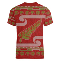 New Zealand Christmas Women V-Neck T-Shirt Meri Kirihimete Silver Fern Knit Style Green Color LT03 - Polynesian Pride