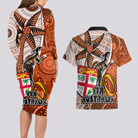 Fiji Australia Rugby Couples Matching Long Sleeve Bodycon Dress and Hawaiian Shirt Kangaroo and Palm Tree Orange Tapa Pattern Mix Aboriginal LT03 - Polynesian Pride