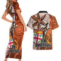 Fiji Australia Rugby Couples Matching Short Sleeve Bodycon Dress and Hawaiian Shirt Kangaroo and Palm Tree Orange Tapa Pattern Mix Aboriginal LT03 - Polynesian Pride