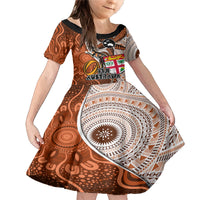 Fiji Australia Rugby Family Matching Mermaid Dress and Hawaiian Shirt Kangaroo and Palm Tree Orange Tapa Pattern Mix Aboriginal LT03 Daughter's Dress Orange - Polynesian Pride