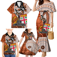 Fiji Australia Rugby Family Matching Mermaid Dress and Hawaiian Shirt Kangaroo and Palm Tree Orange Tapa Pattern Mix Aboriginal LT03 - Polynesian Pride
